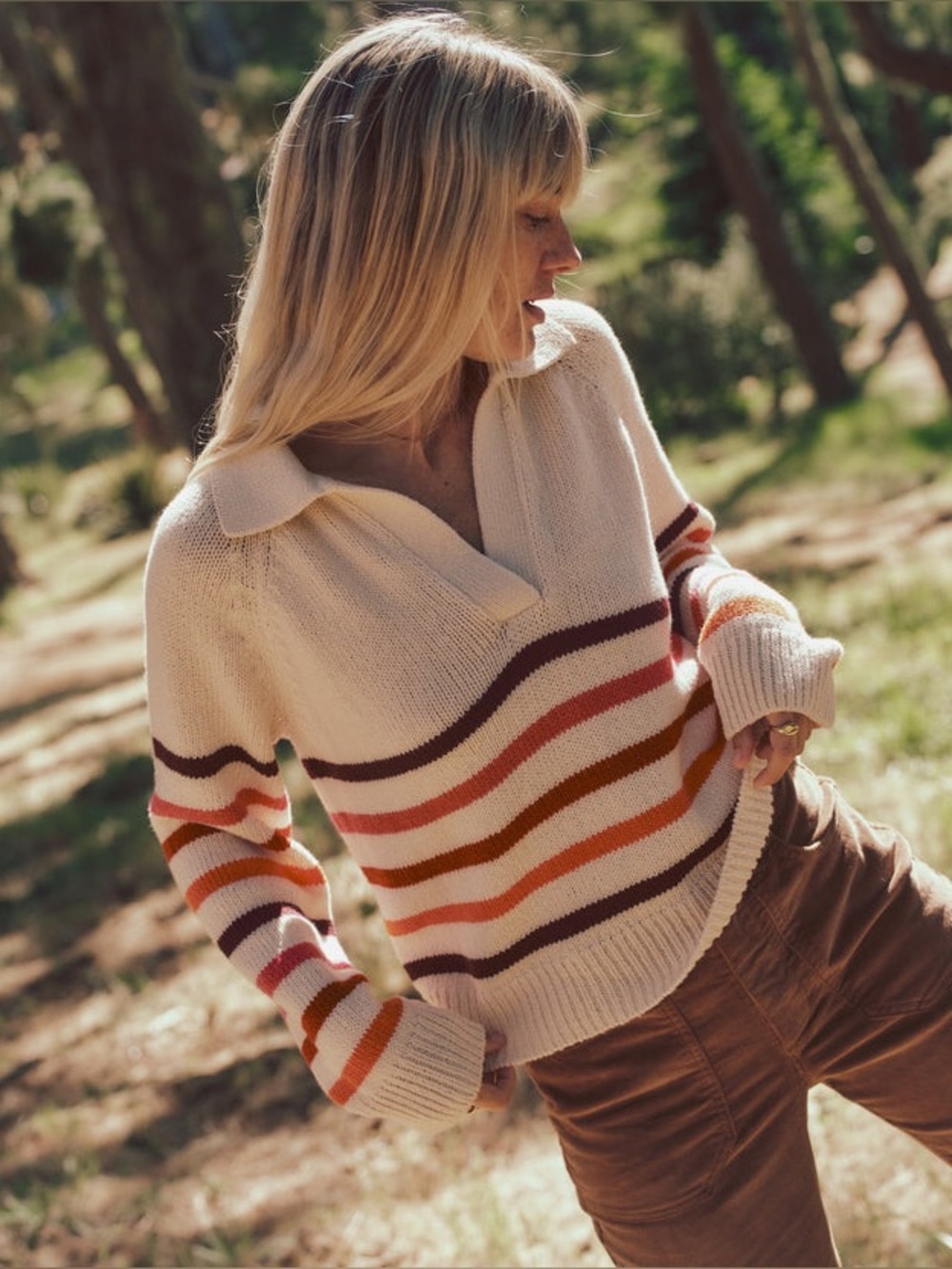 Marine Layer Claire Relaxed Sweater Polo Merino Wool Cotton L Warm Stripe NWT - Picture 4 of 16